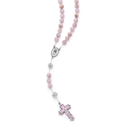 MONDO CATTOLICO ROMA Rosary 56 cm (22.05 in) / 74 cm (29.13 in) / 10 mm (0.39 in) Metal Rosary with Light Pink Marble Effect Beads and Rhinestone Beads