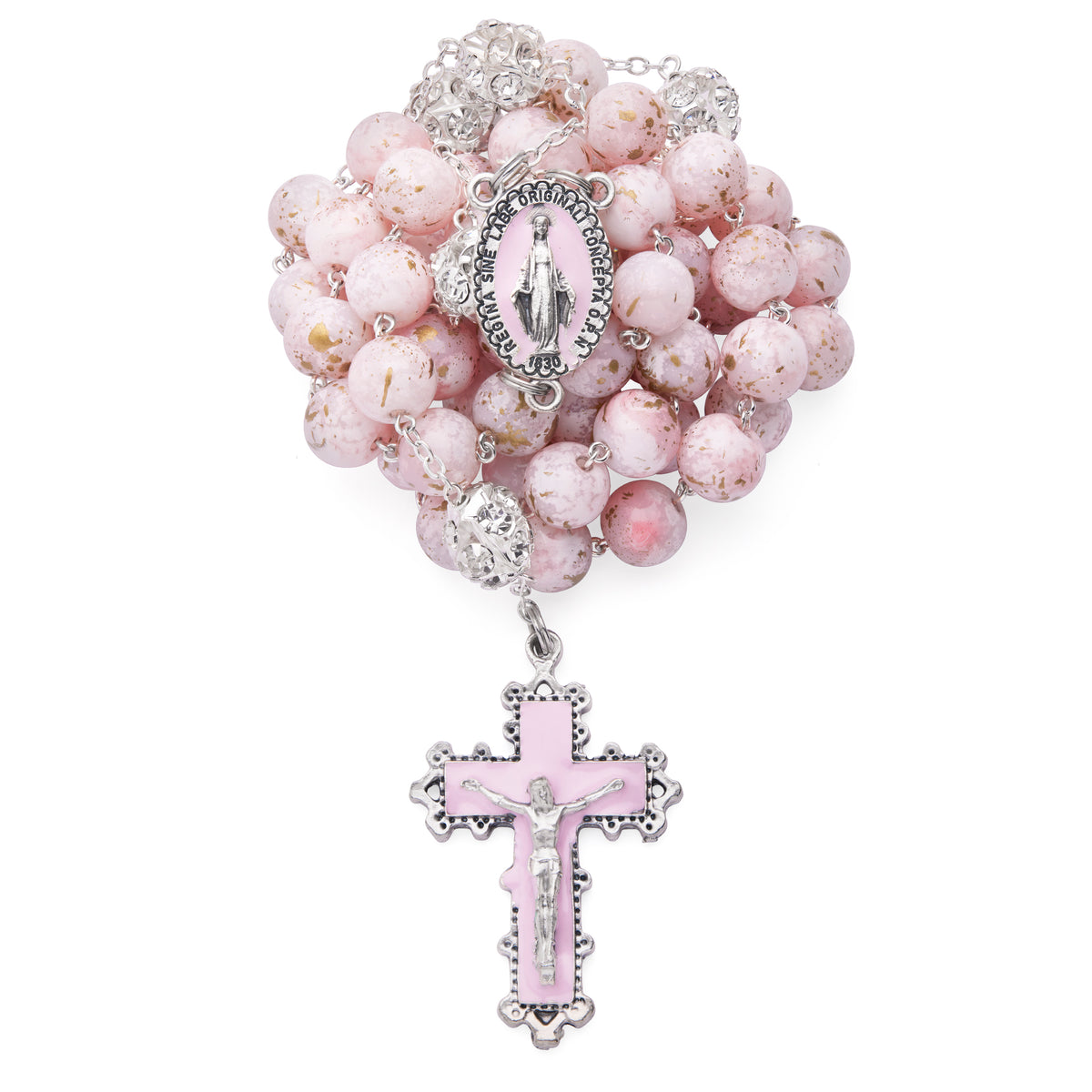 MONDO CATTOLICO ROMA Rosary 56 cm (22.05 in) / 74 cm (29.13 in) / 10 mm (0.39 in) Metal Rosary with Light Pink Marble Effect Beads and Rhinestone Beads