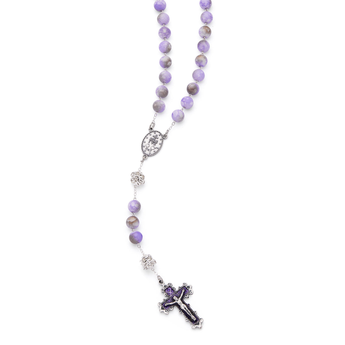 MONDO CATTOLICO ROMA Rosary 56 cm (22.05 in) / 74 cm (29.13 in) / 10 mm (0.39 in) Metal Rosary with Light Purple Marble Effect Beads and Rhinestone Beads