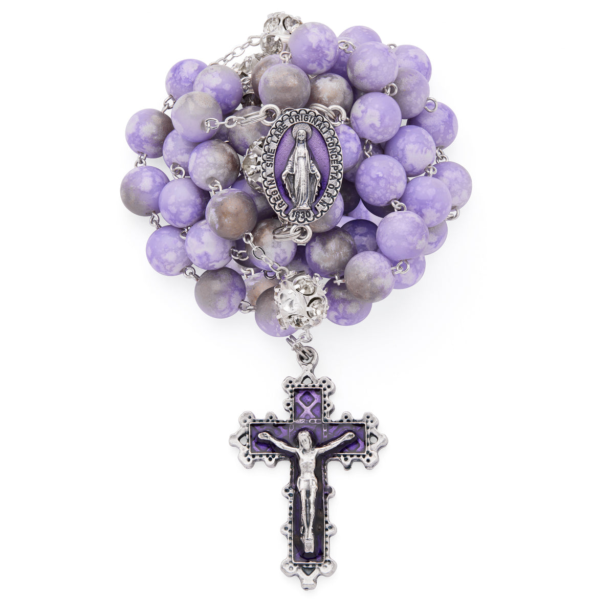 MONDO CATTOLICO ROMA Rosary 56 cm (22.05 in) / 74 cm (29.13 in) / 10 mm (0.39 in) Metal Rosary with Light Purple Marble Effect Beads and Rhinestone Beads