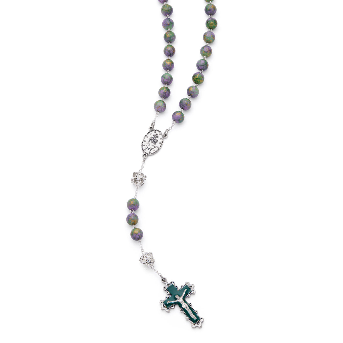 MONDO CATTOLICO ROMA Rosary 56 cm (22.05 in) / 74 cm (29.13 in) / 10 mm (0.39 in) Metal Rosary with Purple and Green Marble Effect Beads and Rhinestone Beads