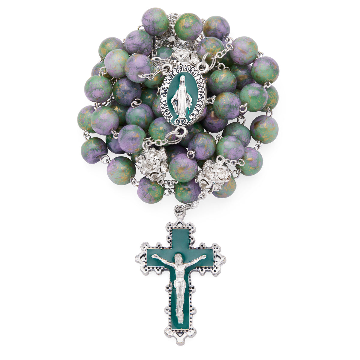 MONDO CATTOLICO ROMA Rosary 56 cm (22.05 in) / 74 cm (29.13 in) / 10 mm (0.39 in) Metal Rosary with Purple and Green Marble Effect Beads and Rhinestone Beads