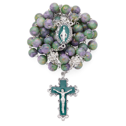 MONDO CATTOLICO ROMA Rosary 56 cm (22.05 in) / 74 cm (29.13 in) / 10 mm (0.39 in) Metal Rosary with Purple and Green Marble Effect Beads and Rhinestone Beads