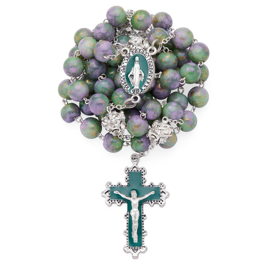 MONDO CATTOLICO ROMA Rosary 56 cm (22.05 in) / 74 cm (29.13 in) / 10 mm (0.39 in) Metal Rosary with Purple and Green Marble Effect Beads and Rhinestone Beads