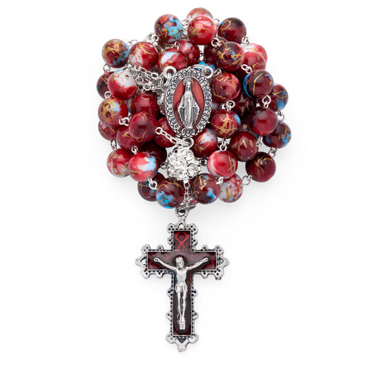 MONDO CATTOLICO ROMA Rosary 56 cm (22.05 in) / 74 cm (29.13 in) / 10 mm (0.39 in) Metal Rosary with Red and Blue Marble Effect Beads and Rhinestone Beads