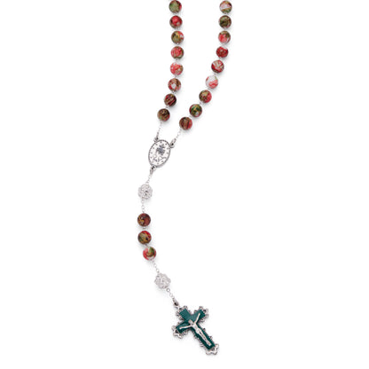 MONDO CATTOLICO ROMA Rosary 56 cm (22.05 in) / 74 cm (29.13 in) / 10 mm (0.39 in) Metal Rosary with Red and Green Marble Effect Beads and Rhinestone Beads