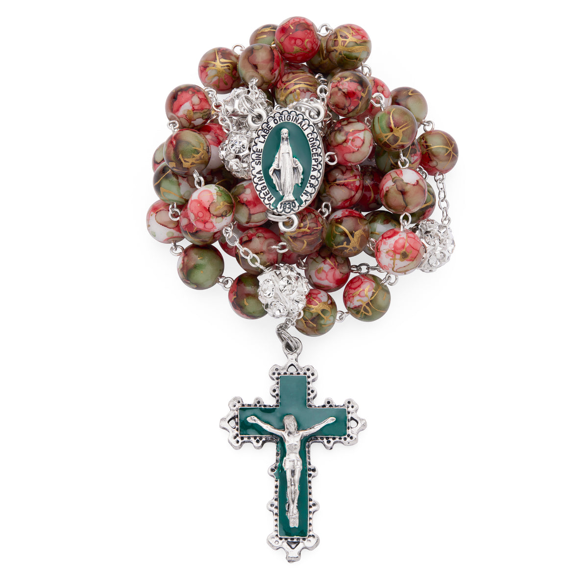 MONDO CATTOLICO ROMA Rosary 56 cm (22.05 in) / 74 cm (29.13 in) / 10 mm (0.39 in) Metal Rosary with Red and Green Marble Effect Beads and Rhinestone Beads
