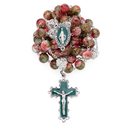 MONDO CATTOLICO ROMA Rosary 56 cm (22.05 in) / 74 cm (29.13 in) / 10 mm (0.39 in) Metal Rosary with Red and Green Marble Effect Beads and Rhinestone Beads