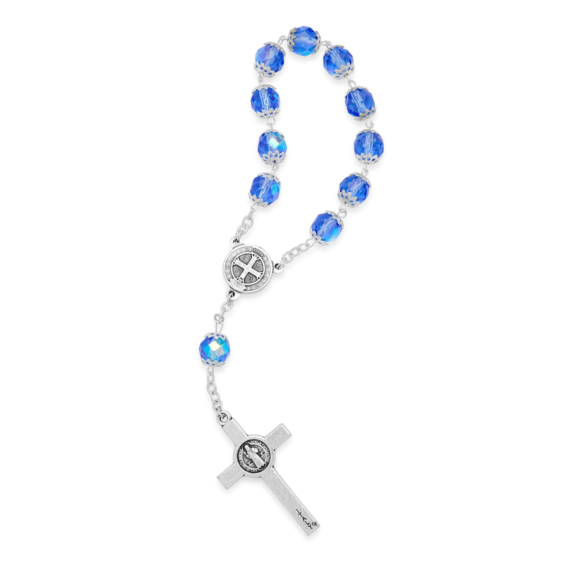 MONDO CATTOLICO Prayer Beads 8 mm (0.31 in) Metal St. Benedict Decade Rosary With Sapphire Tangled Beads