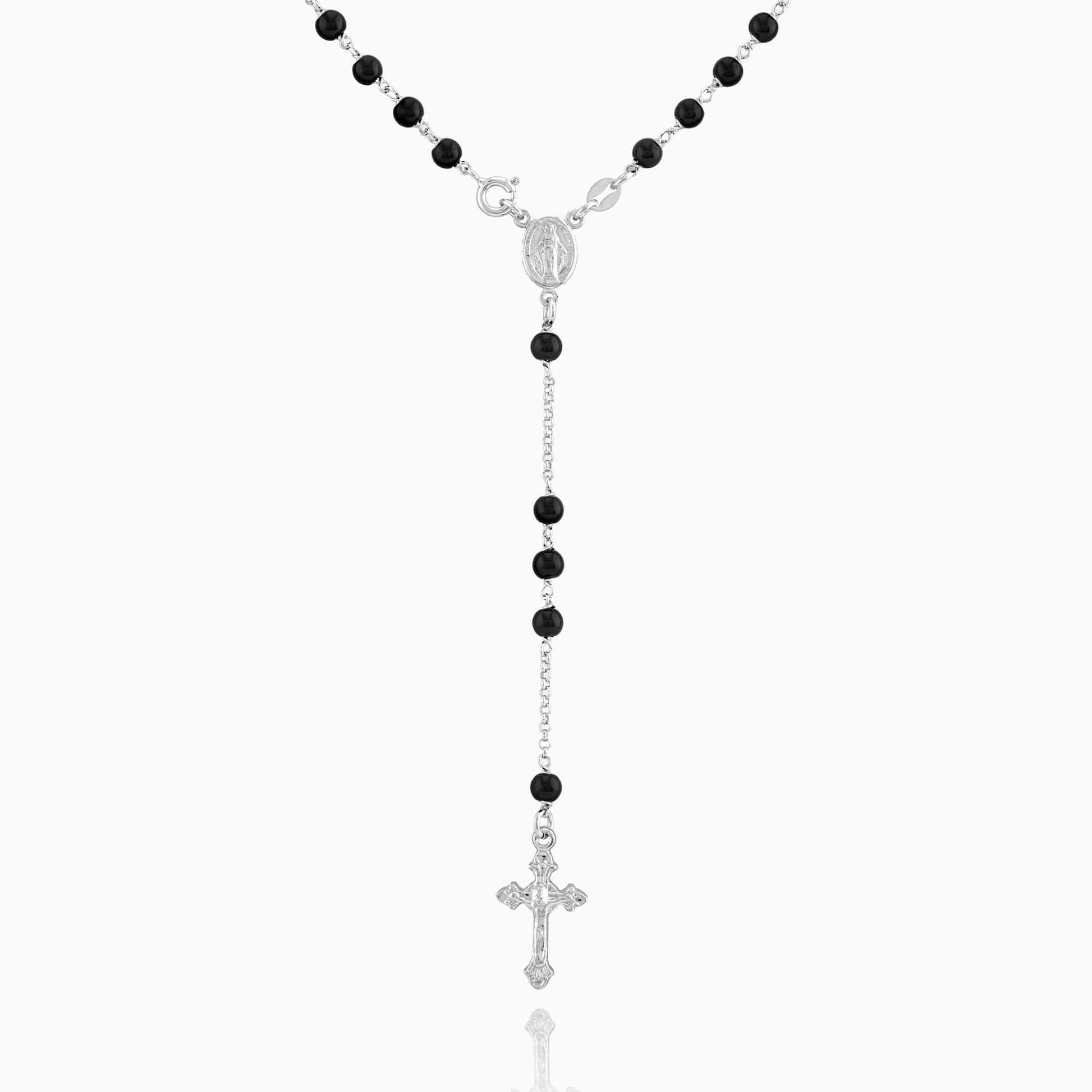 MONDO CATTOLICO Prayer Beads Rhodium / Cm 50 (19.7 in) MIRACULOUS MARY ROSARY 5 MM BLACK BEADS