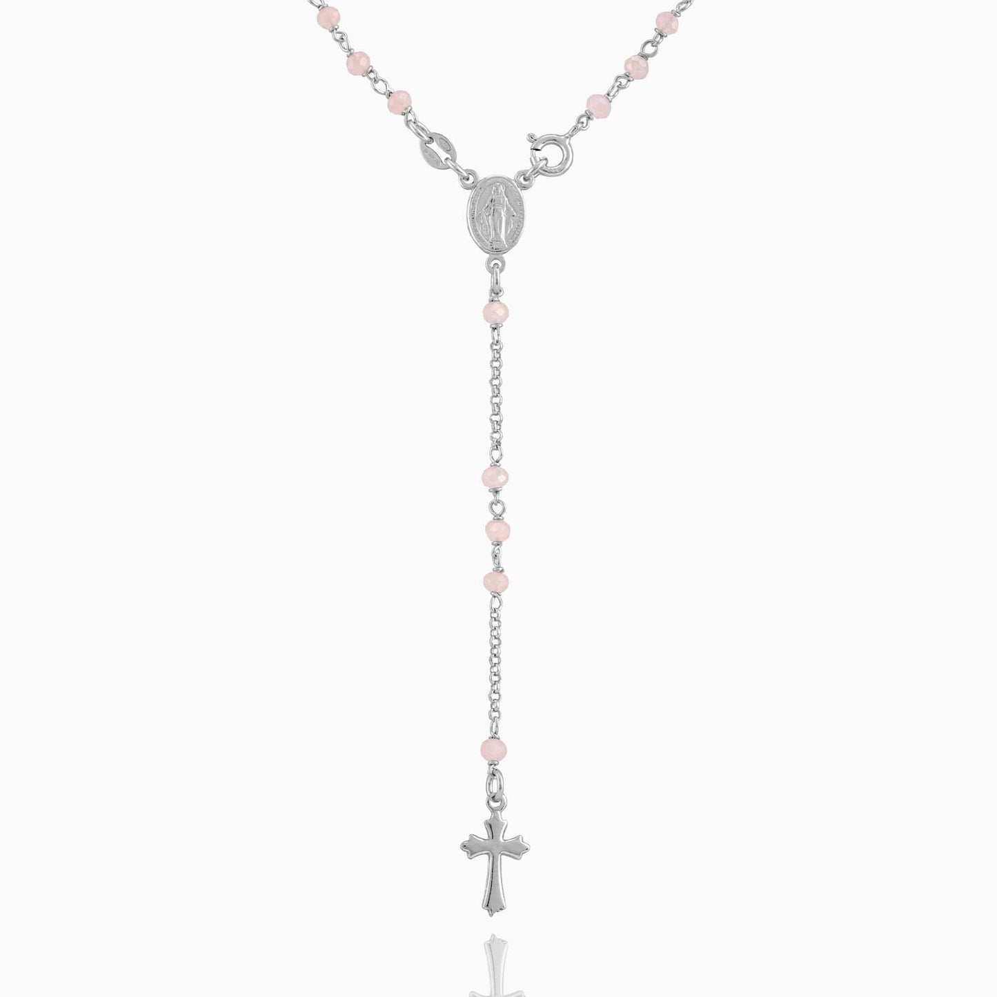 MONDO CATTOLICO Prayer Beads Rhodium / Cm 50 (19.7 in) Miraculous Mary Rosary Pink Beads in Sterling Silver