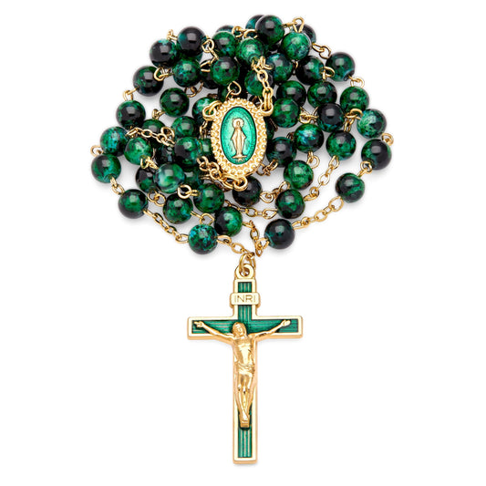 MONDO CATTOLICO Prayer Beads 48 cm (18.9 in) / 6 mm (0.23 in) Miraculous Variegated Green Glass Rosary