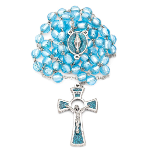 MONDO CATTOLICO Prayer Beads 54 cm (21 in) / 8 mm (0.3 in) Miraculous Virgin Mary Rosary in Aquamarine Murano Glass