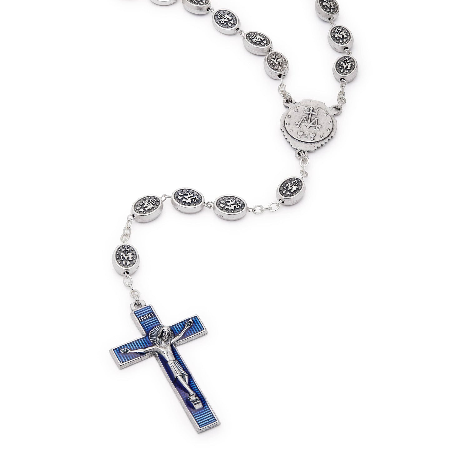 MONDO CATTOLICO Prayer Beads 61 cm (24 in) / 10 mm (0.39 in) Miraculous Virgin Rosary in Blue Enamel Oval Beads