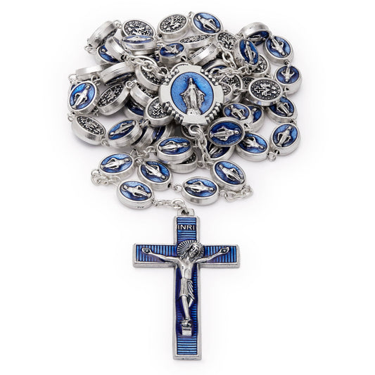 MONDO CATTOLICO Prayer Beads 61 cm (24 in) / 10 mm (0.39 in) Miraculous Virgin Rosary in Blue Enamel Oval Beads