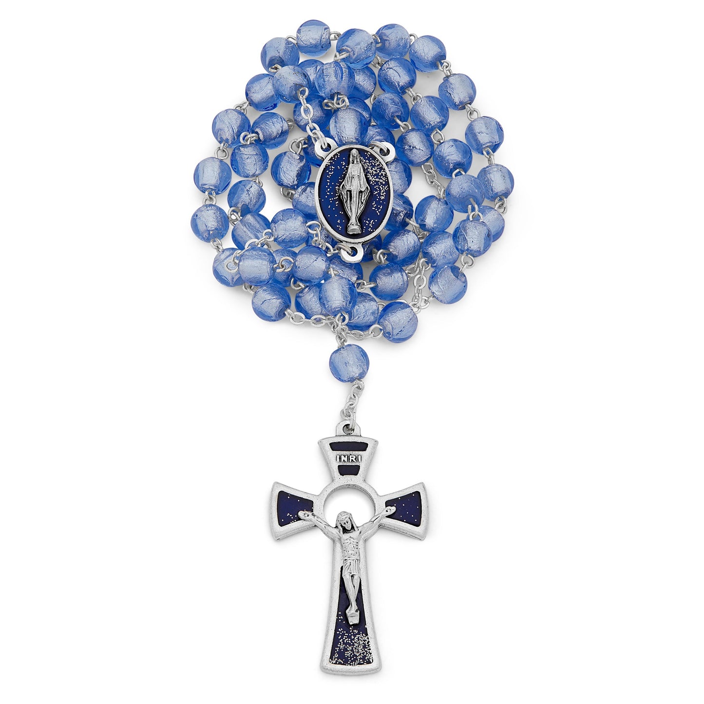 MONDO CATTOLICO Prayer Beads 53 cm (20.8 in) / 8 mm (o.31 in) Miraculous Virgin Rosary in Blue Murano Glass