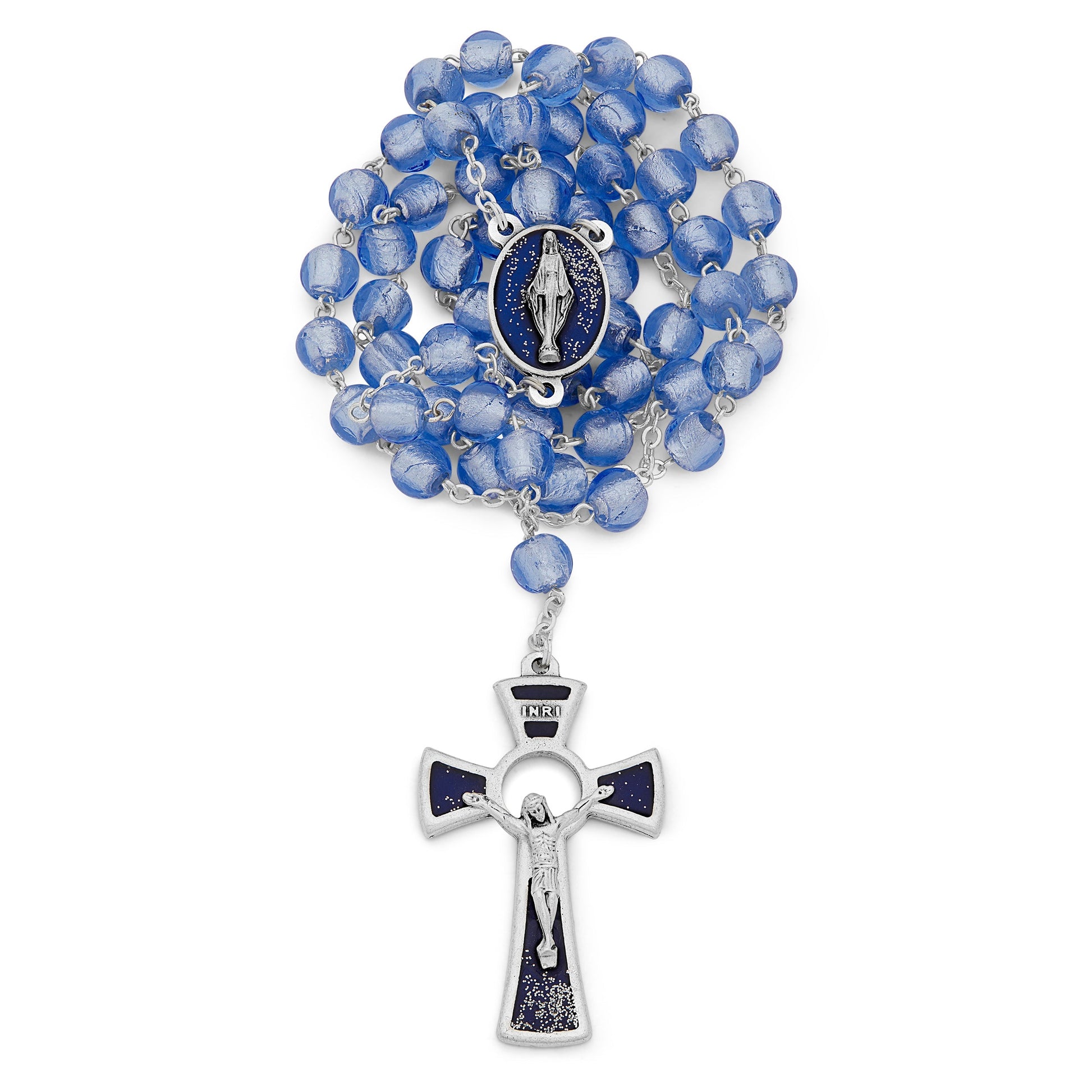 MONDO CATTOLICO Prayer Beads 53 cm (20.8 in) / 8 mm (o.31 in) Miraculous Virgin Rosary in Blue Murano Glass