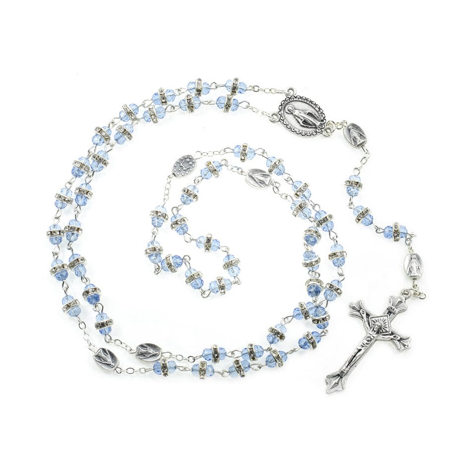 MONDO CATTOLICO Prayer Beads 55 cm (21.65 in) / 6 mm (0.23 in) Miraculous Virgin Rosary with Blue Sapphire Crystal Rondelle