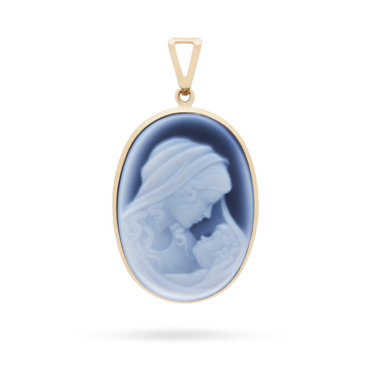 MONDO CATTOLICO 2.6 cm x 1.8 cm (1 in x 0.7 in) Mother and Child Cameo Yellow Gold and Blue Agate
