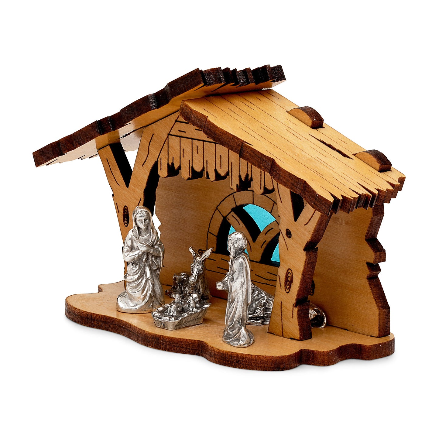 Mondo Cattolico 7 cm (2.76 in) Nativity Scene With Wooden Hut and Light Blue Background
