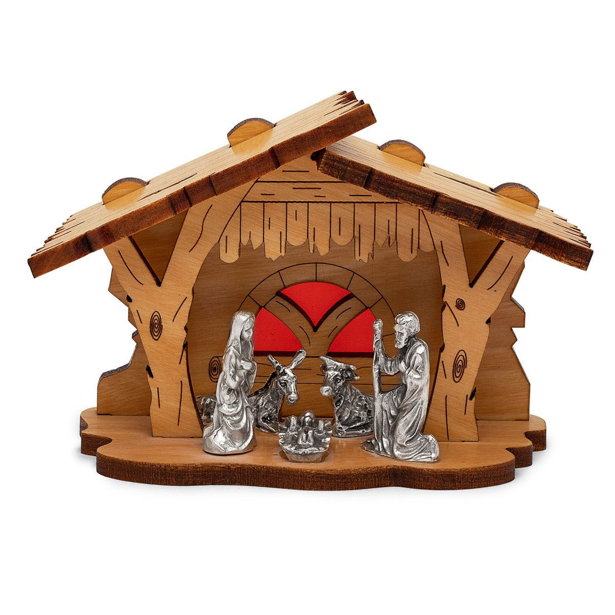 Nativity Scene With Wooden Hut and Red Background | MONDO CATTOLICO