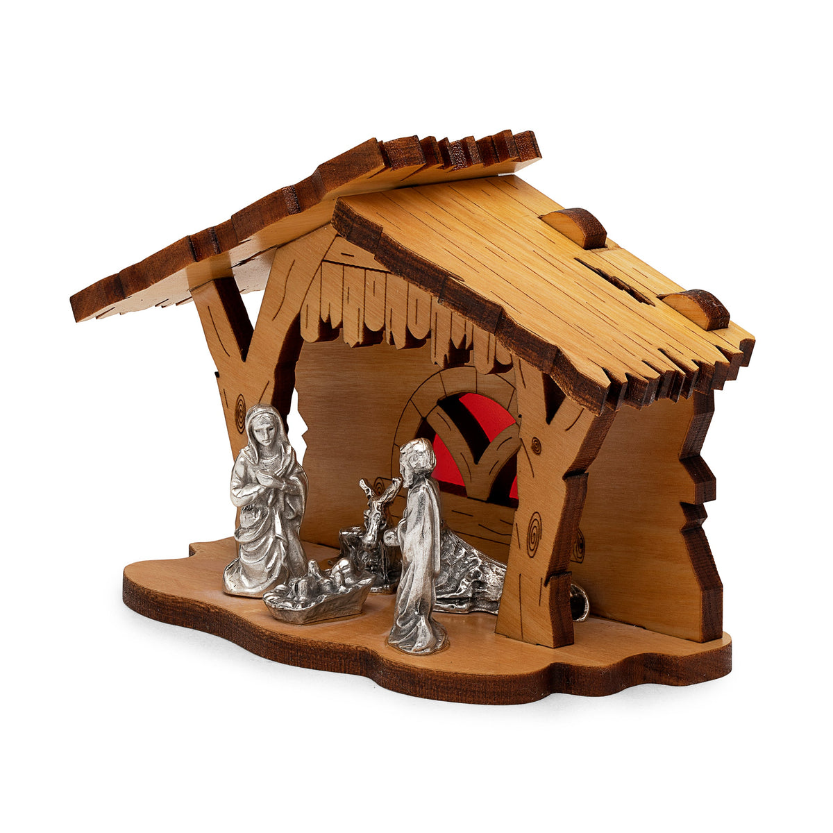 Nativity Scene With Wooden Hut and Red Background | MONDO CATTOLICO