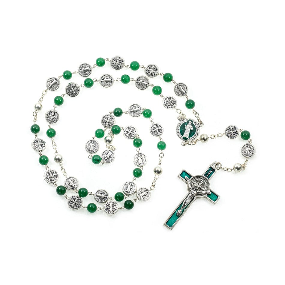 MONDO CATTOLICO Prayer Beads Natural Gemstone Jade Rosary of Saint Benedict