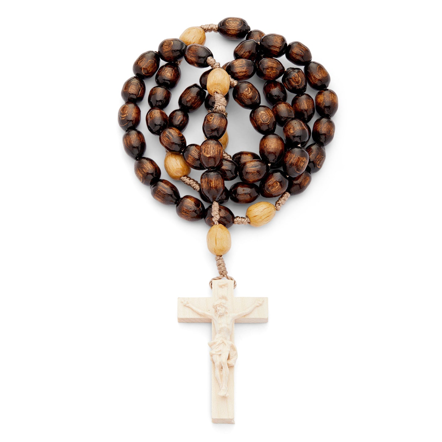 MONDO CATTOLICO Prayer Beads Natural Wood and Rope Rosary with Handcrafted Cross