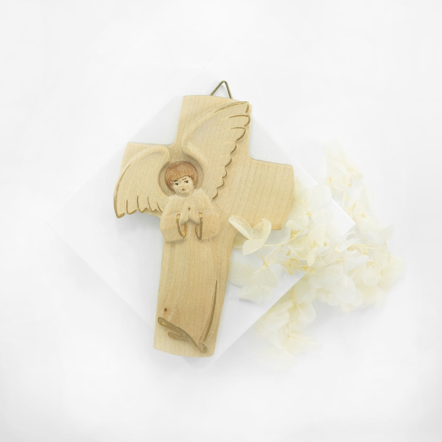 MONDO CATTOLICO 12 cm (4.72 in) Natural Wood Cross With Angel