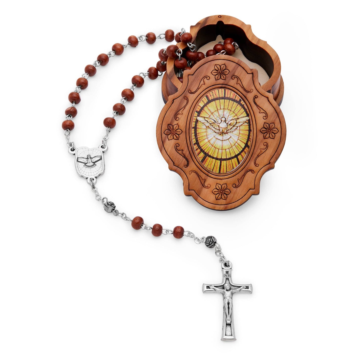 MONDO CATTOLICO Prayer Beads 38 cm (15 in) / 4 mm (0.15 in) Olive Wood Case and Wooden Rosary of the Holy Spirit
