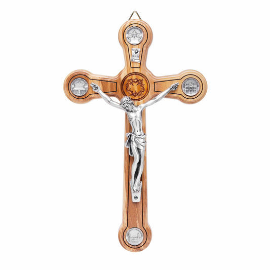 MONDO CATTOLICO 20 cm (7.84 in) Olive Wood Crucifix With Crown of Thorns and the Four Roman Basilicas Medals