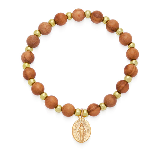 Mondo Cattolico Bracelet Adjustable / 6 mm (0.24 in) Olive Wood Elastic Bracelet With Miraculous Medal and Gold Details