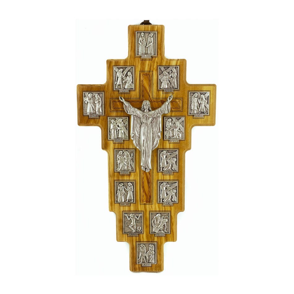 MONDO CATTOLICO 30 cm (11.81 in) Olive Wood Risen Christ Crucifix With Via Crucis
