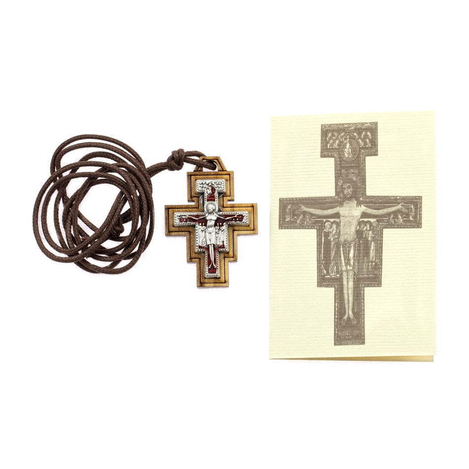 MONDO CATTOLICO Olive Wood Saint Damien Cross with Rope Chain