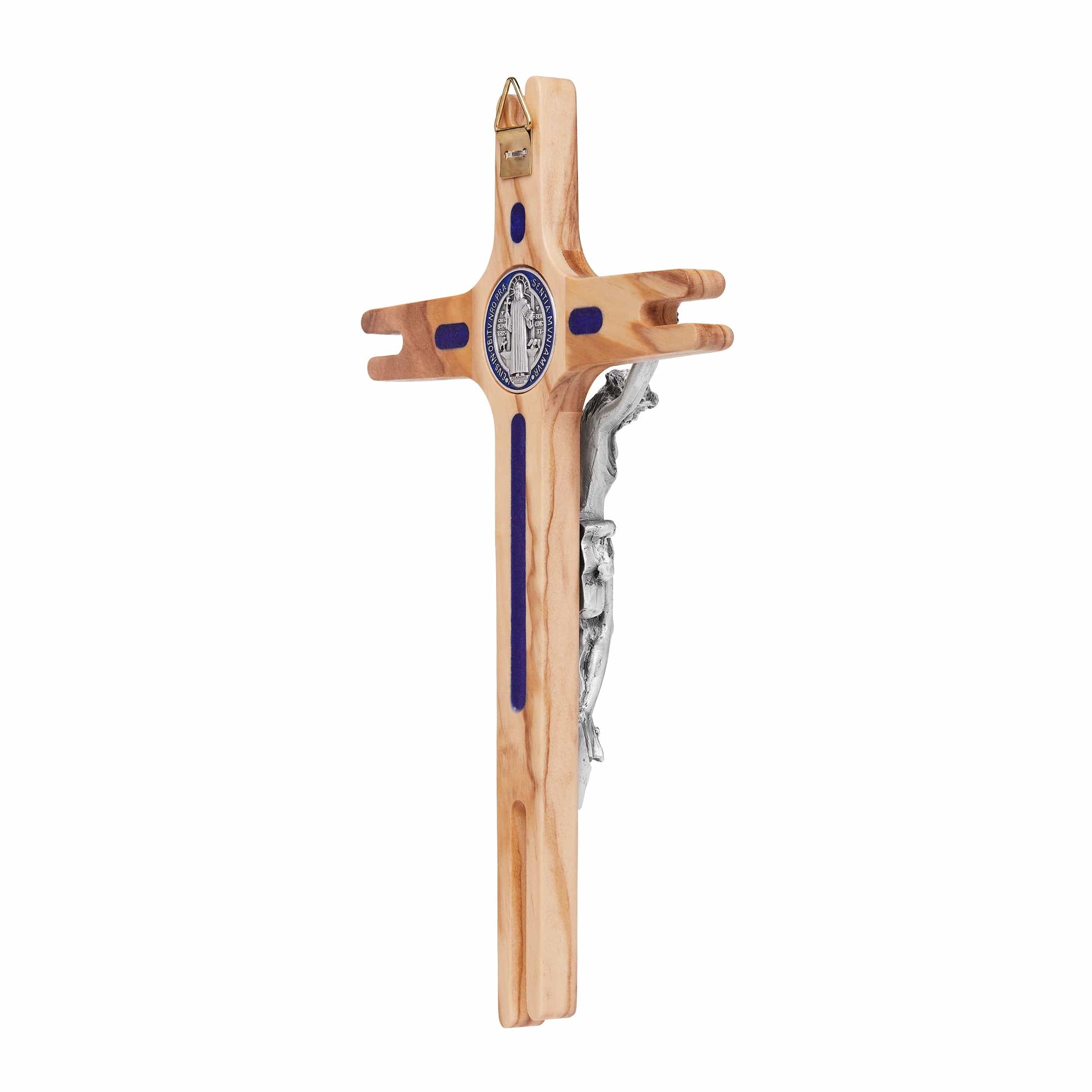 MONDO CATTOLICO 19 cm (7.48 in) Olive Wood St. Benedict Crucifix With Blue Enameled Medal