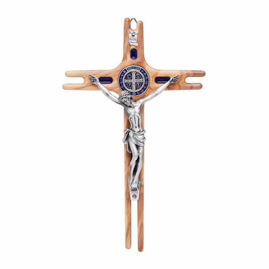 MONDO CATTOLICO 19 cm (7.48 in) Olive Wood St. Benedict Crucifix With Blue Enameled Medal