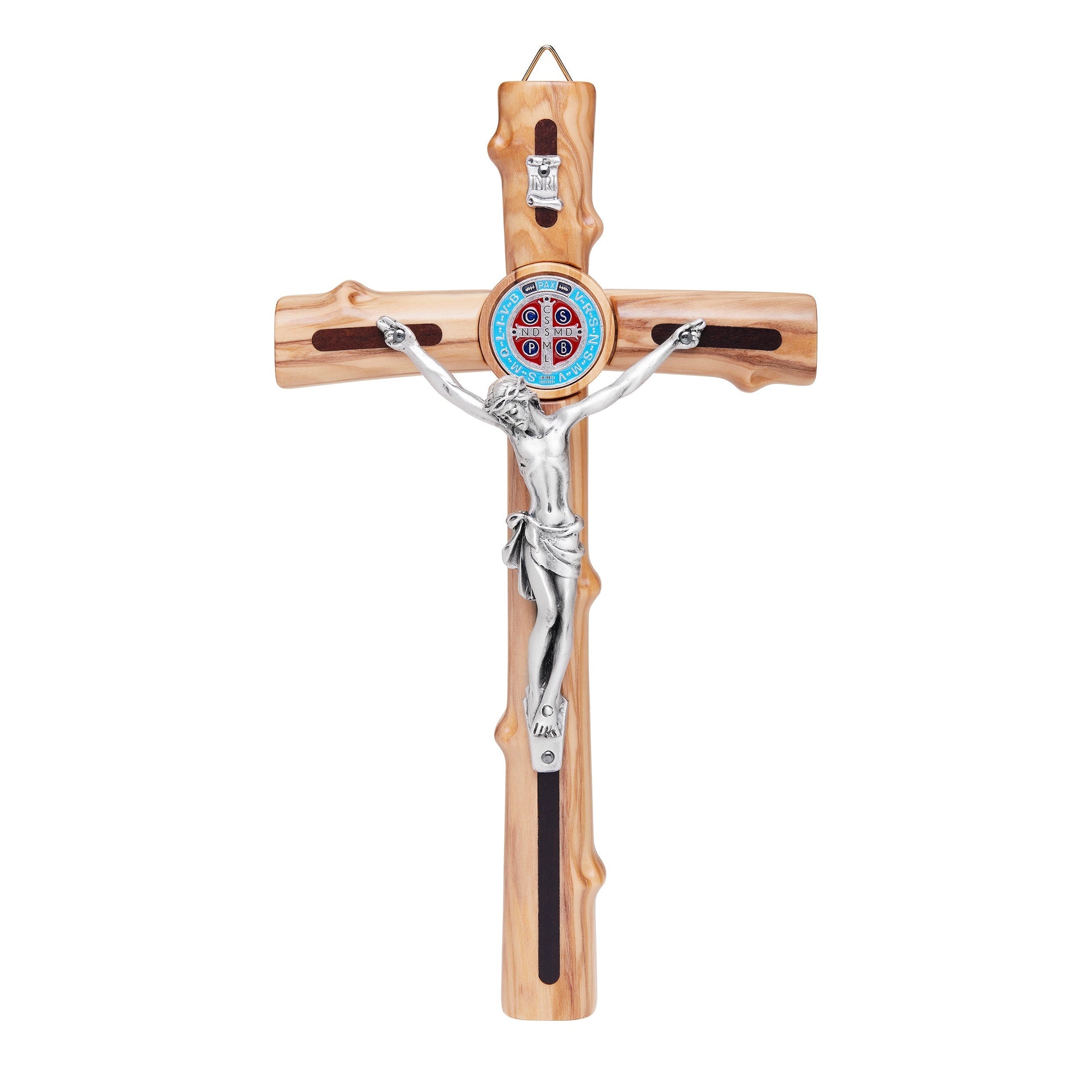 MONDO CATTOLICO 20 cm (7.85 in) Olive Wood St. Benedict Crucifix With Colored Enameled Medal