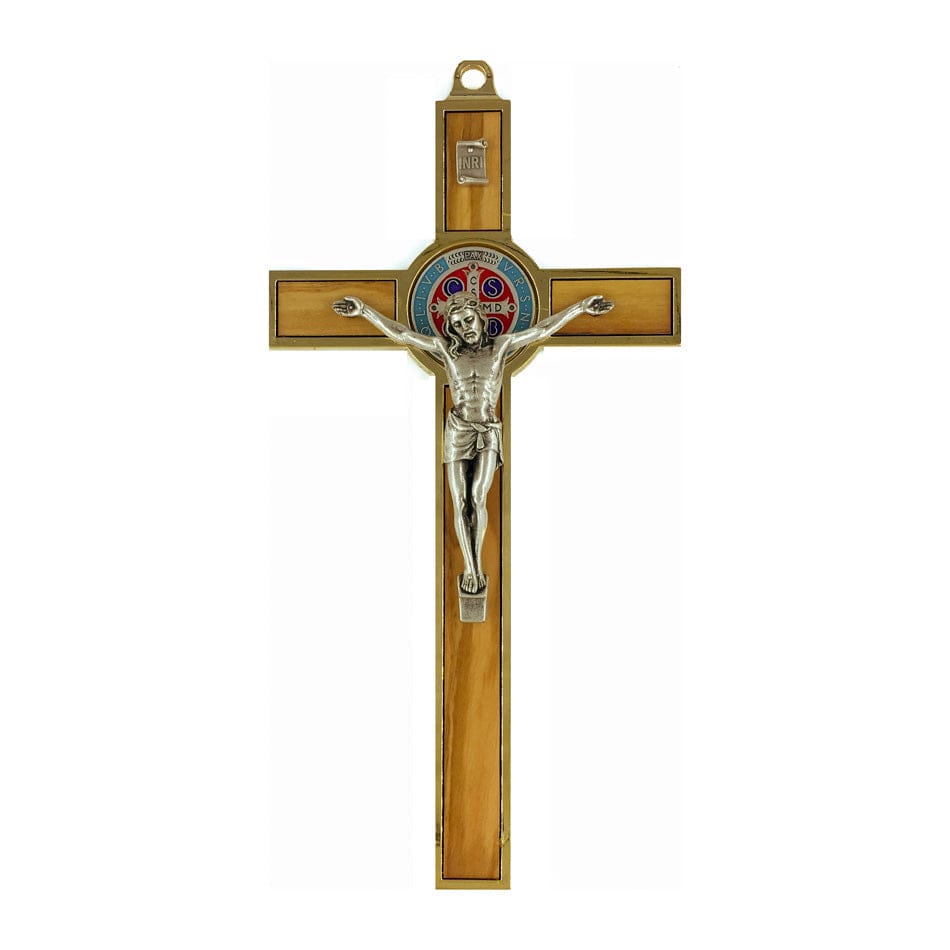 MONDO CATTOLICO 19 cm (7.48 in) Olive Wood St. Benedict Crucifix With Colorful Medal and Gold Metal Outline