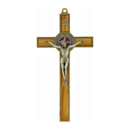 MONDO CATTOLICO 19 cm (7.48 in) Olive Wood St. Benedict Crucifix With Colorful Medal and Gold Metal Outline