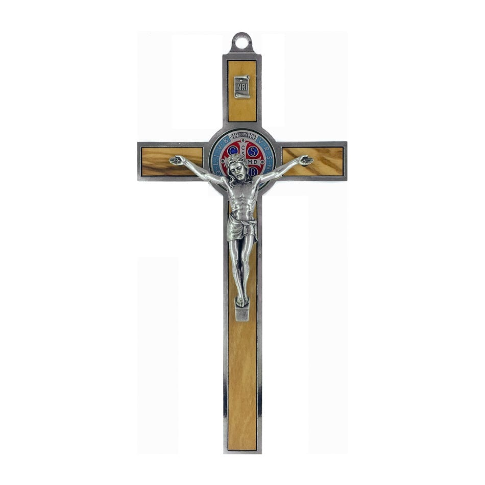 MONDO CATTOLICO 19 cm (7.48 in) Olive Wood St. Benedict Crucifix With Colorful Medal and Metal Outline
