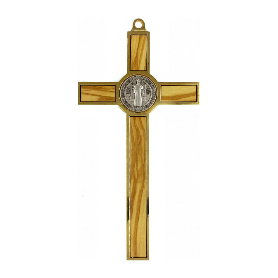 MONDO CATTOLICO Olive Wood St. Benedict Crucifix With Gold Metal Outline