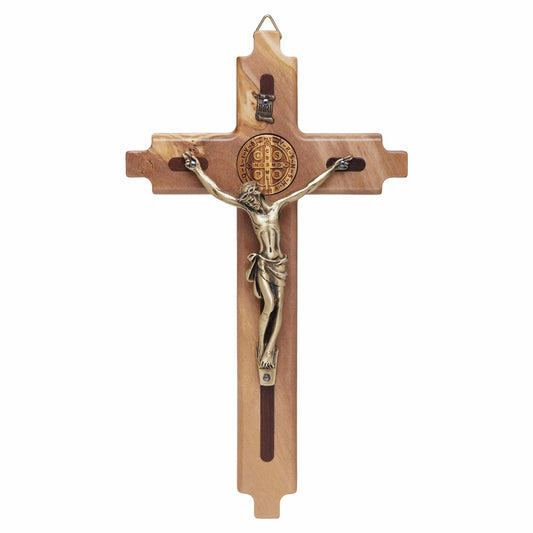 MONDO CATTOLICO 20.5 cm (20.20 in) Olive Wood St. Benedict Crucifix With Golden Medal