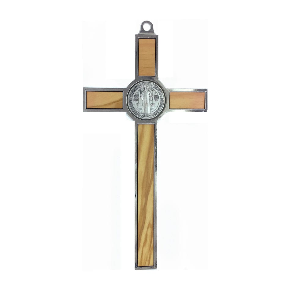 MONDO CATTOLICO Olive Wood St. Benedict Crucifix With Metal Outline