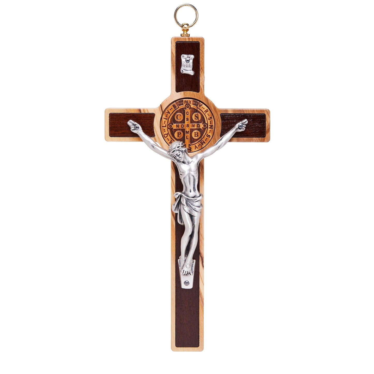 MONDO CATTOLICO 20 cm (7.85 in) Olive Wood St. Benedict Crucifix With Wood Medal and Light Outline