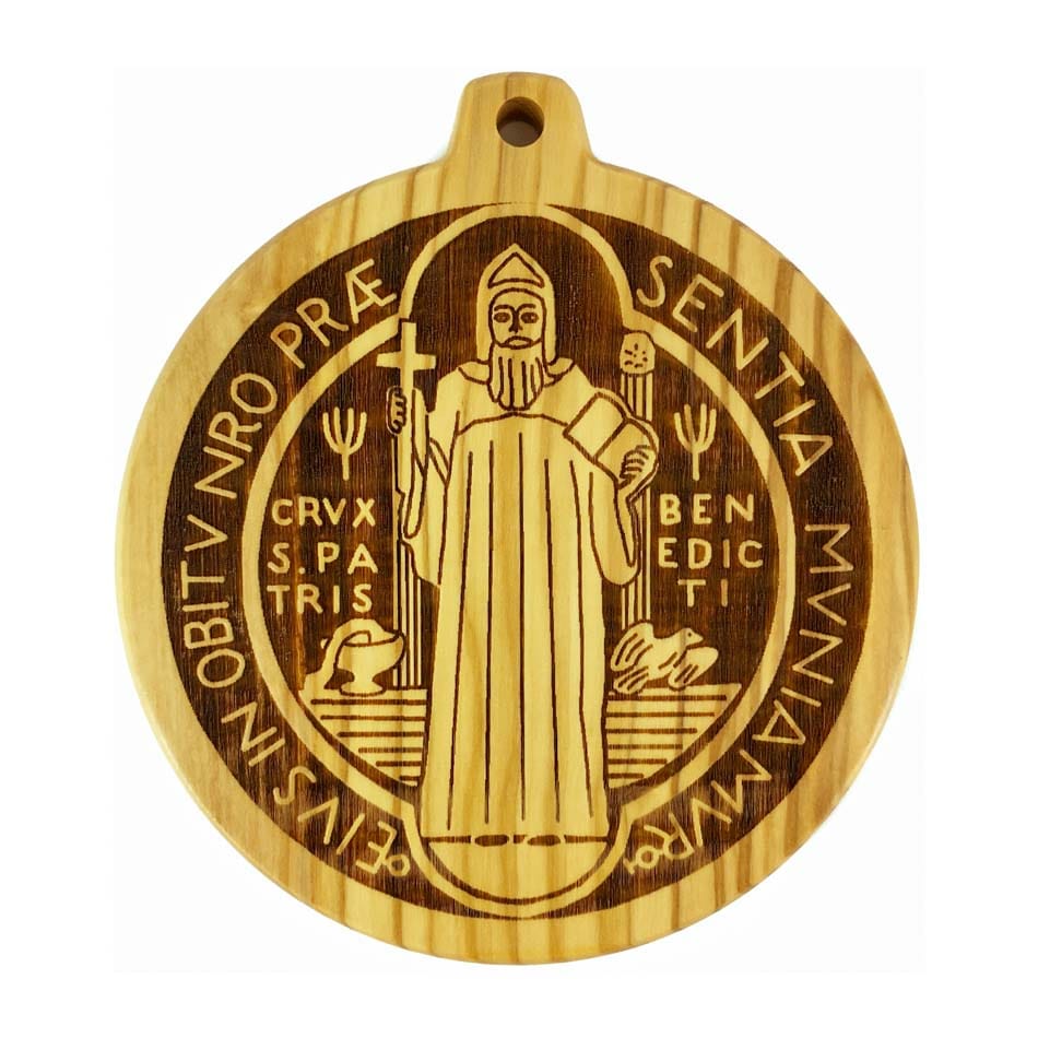 MONDO CATTOLICO Olive Wood St. Benedict Medallion