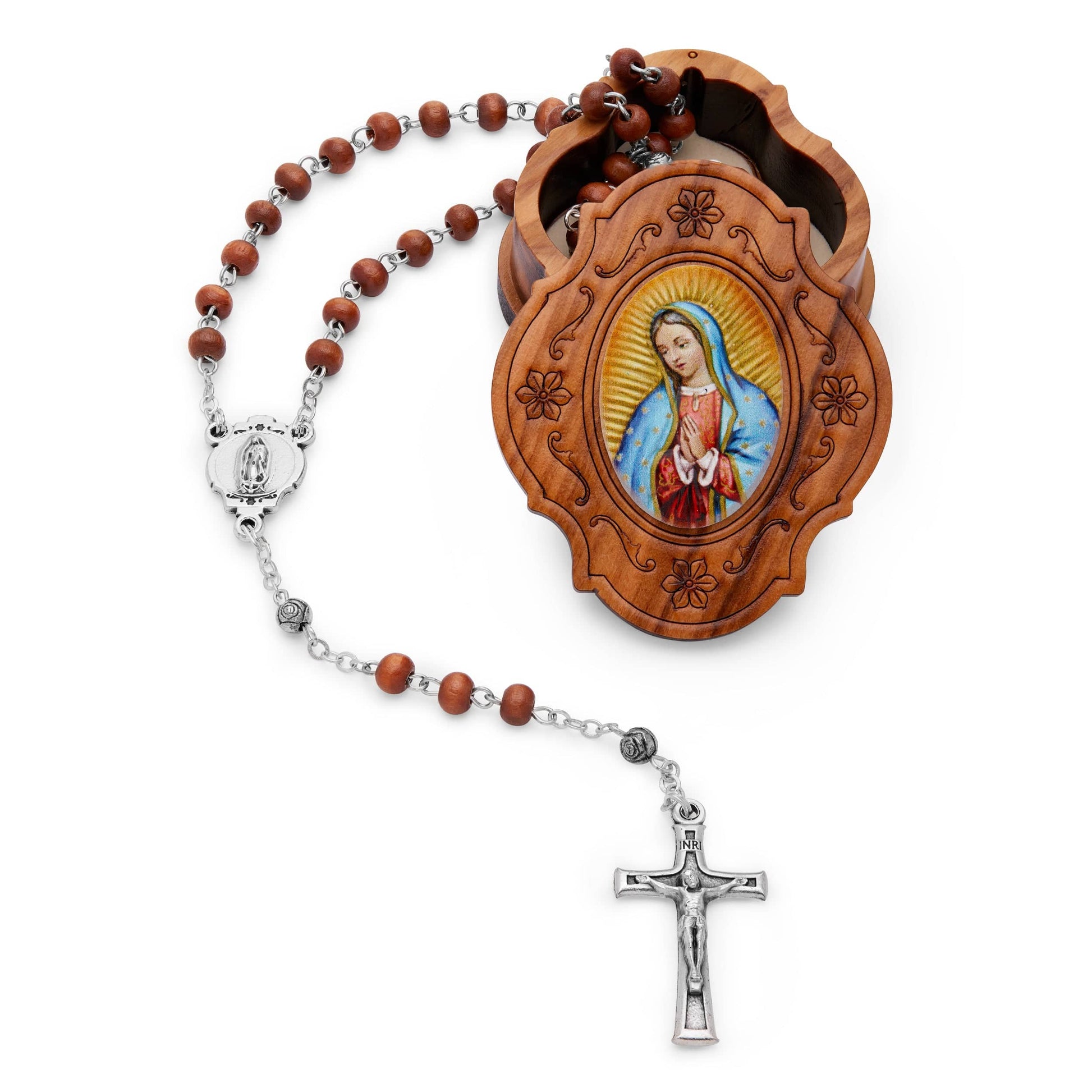 MONDO CATTOLICO Prayer Beads 38 cm (14.96 in) / 4 mm (0.16 in) Olive Wood Tiny Box and Rosary of Our Lady of Guadalupe