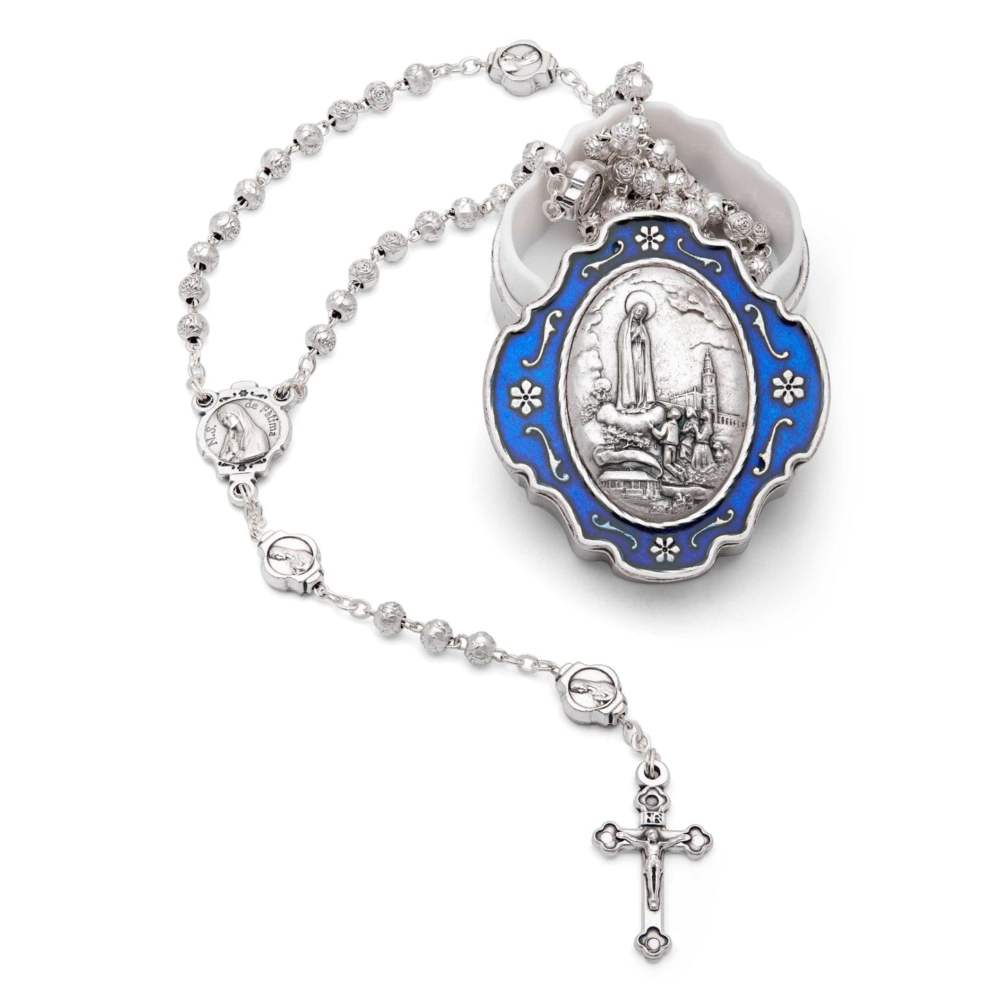 MONDO CATTOLICO Prayer Beads 36 cm (14.17 in) / 4 mm (0.15 in) Our Lady of Fatima Rosary with Holder in Pewter