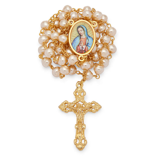MONDO CATTOLICO ROMA Rosary 44 cm (17.32 in) / 60 cm (23.62 in) / 6 mm (0.24 in) Our Lady of Guadalupe Rosary with Gold-Tone Metal and Synthetic Pearl Beads