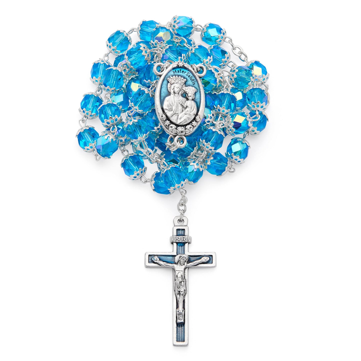 MONDO CATTOLICO ROMA Rosary 52 cm (20.47 in) / 72 cm (28.35 in) / 6 mm (0.24 in) Our Lady of Health Rosary with Light Blue Faceted Crystal Beads