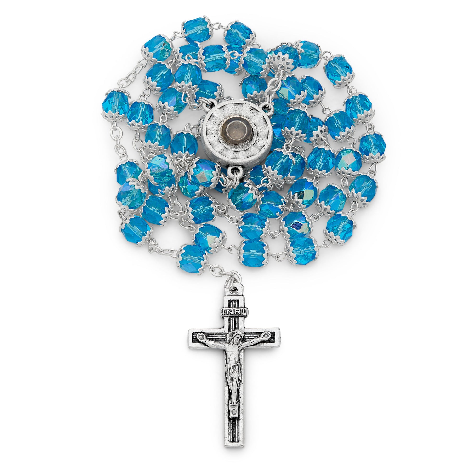 MONDO CATTOLICO ROMA Rosary 50 cm (19.69 in) / 68 cm (26.77 in) / 7 mm (0.28 in) Our Lady of Lourdes Aquamarine Rosary with Holy Water Reliquary